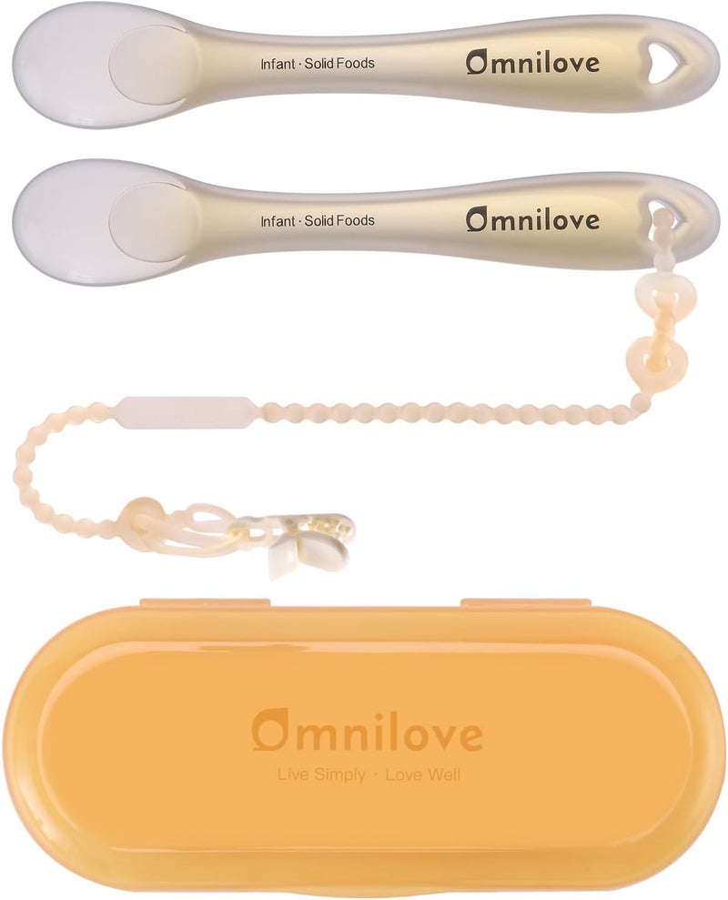 Omnilove Silicone Baby Spoons 2-Pack with Case, Self Feeding 6 Months, Baby Led Weaning Supplies, Toddler Utensils with Safety Chain, Toddler Essentials, Dishwasher Safe Baby Safety Products - Image 1